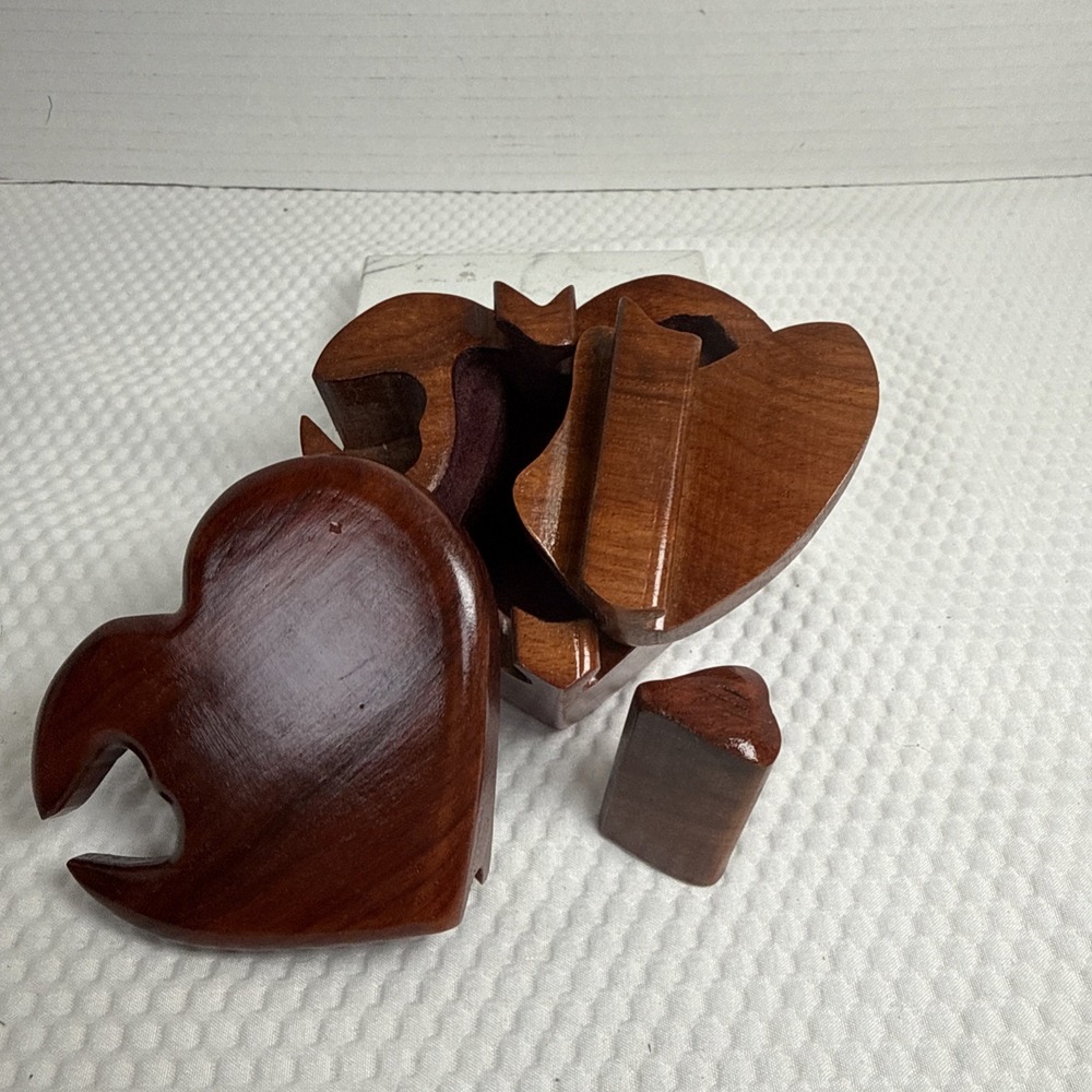 Vintage Wood Carved Heart Shape Puzzle Stash Trinket Box